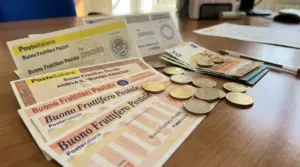 Buoni fruttiferi postali di Poste Italiane con banconote e monete su un tavolo