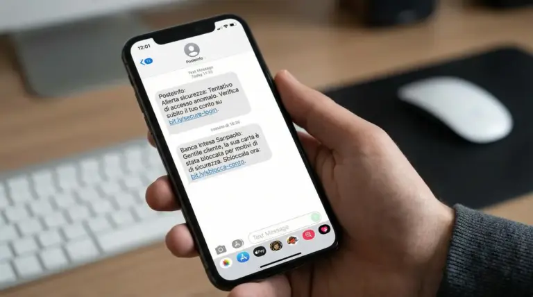 Mano che tiene uno smartphone con SMS sospetti che invitano a cliccare su link per verificare un conto bancario