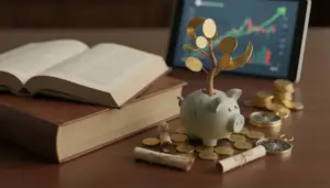Salvadanaio a forma di maialino con albero di monete, libri e grafico finanziario su tablet sullo sfondo
