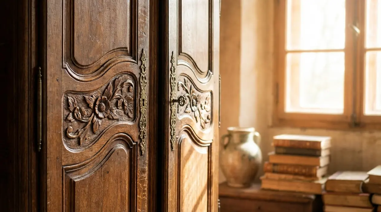 Armadio antico in legno intagliato con dettagli floreali, illuminato dalla luce di una finestra