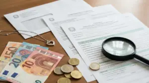 Moduli amministrativi su tavolo con banconote e monete in euro, lente d’ingrandimento e collana a cuore