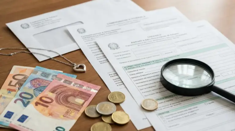 Moduli amministrativi su tavolo con banconote e monete in euro, lente d’ingrandimento e collana a cuore