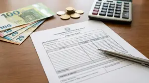 Modello ISEE su scrivania con calcolatrice, banconote e monete per calcolare l’assegno unico per figli minorenni