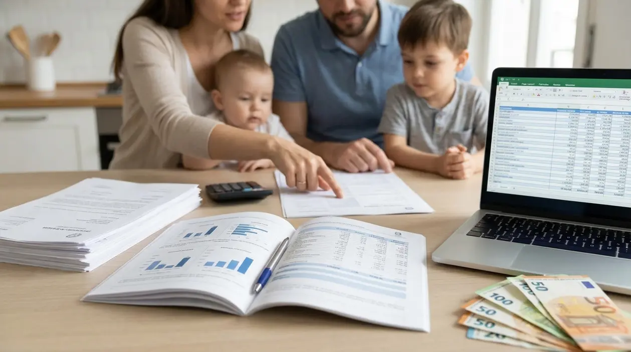 Famiglia al tavolo con documenti e laptop, mentre verifica il bilancio e possibili cambiamenti dell’assegno unico