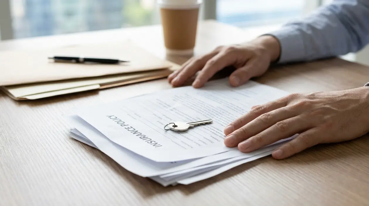 Mani su documenti di polizza assicurativa su scrivania, con penna e chiave, durante una revisione del contratto