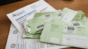 Documenti fiscali e avvisi di pagamento su una scrivania