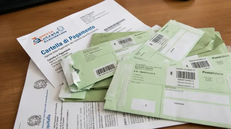 Documenti fiscali e avvisi di pagamento su una scrivania