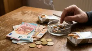 Mano con sigaretta accesa accanto a pacchetti, posacenere e soldi in euro su un tavolo di legno