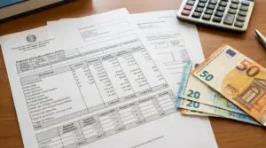 Busta paga con calcolatrice e banconote in euro su una scrivania, tema aumenti stipendio e legge di bilancio