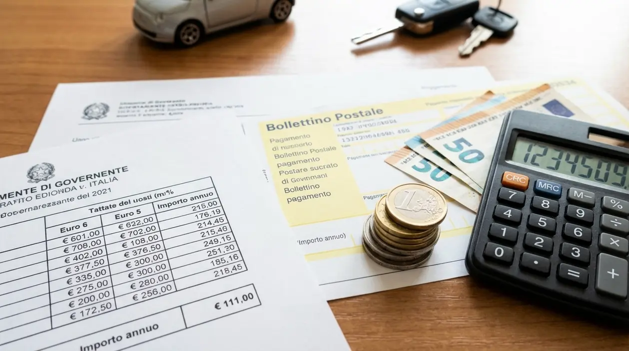 Documenti di pagamento auto con calcolatrice, monete, banconote, chiavi e modellino su un tavolo