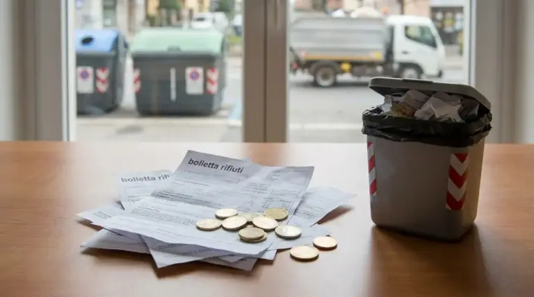 Bolletta dei rifiuti con monete sul tavolo accanto a un cestino, con cassonetti sullo sfondo