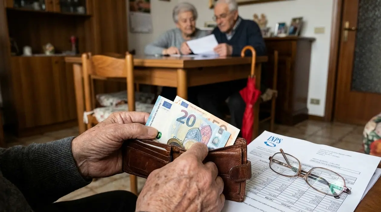 Anziano con portafoglio e banconote in casa, con documenti pensione sul tavolo