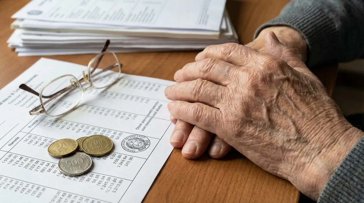 Mani di una persona anziana su documenti e monete, simbolo dell’aumento pensioni e degli importi aggiornati