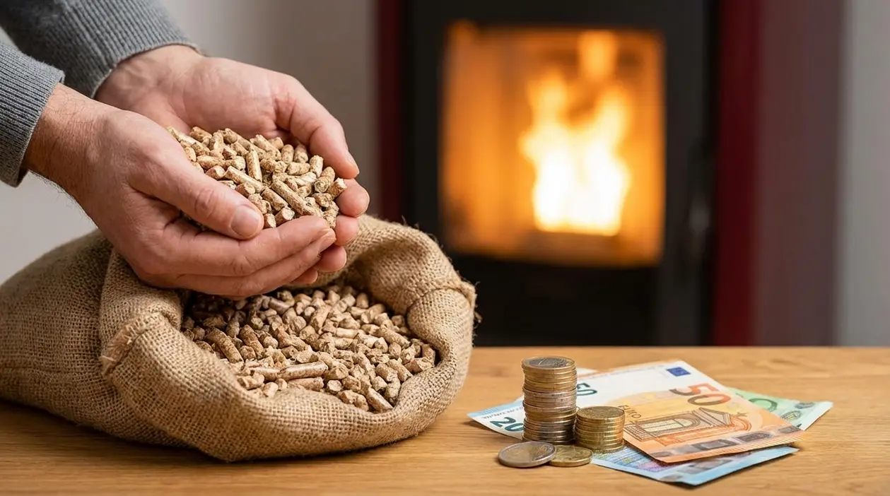 Mani con pellet sopra un sacco, davanti a una stufa accesa e a banconote in euro su un tavolo