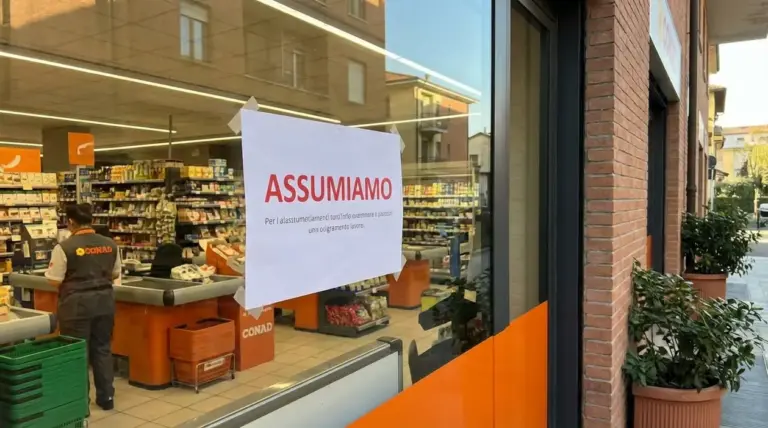 Cartello di assunzione sulla vetrina di un supermercato, simbolo dei settori in espansione e della ricerca di personale