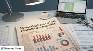 Scrivania con giornale su aziende italiane in crisi, grafici finanziari e laptop con foglio di calcolo