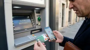 Persona davanti a un bancomat fuori servizio mentre controlla carta e smartphone