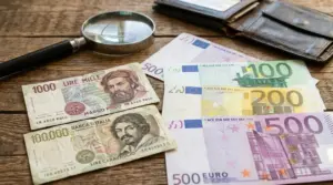 Banconote in euro e vecchie lire su un tavolo, con portafoglio e lente d’ingrandimento