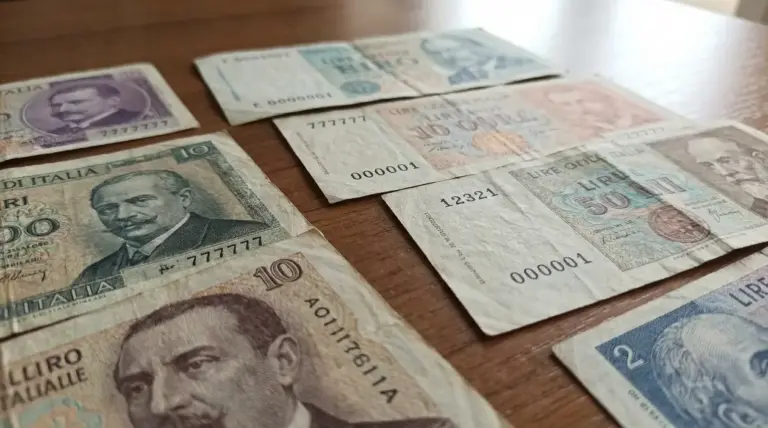 Banconote italiane d'epoca con numeri seriali particolari disposte su un tavolo in legno