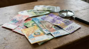 Banconote di vario taglio su un tavolo con una lente d’ingrandimento, simbolo di controllo del valore