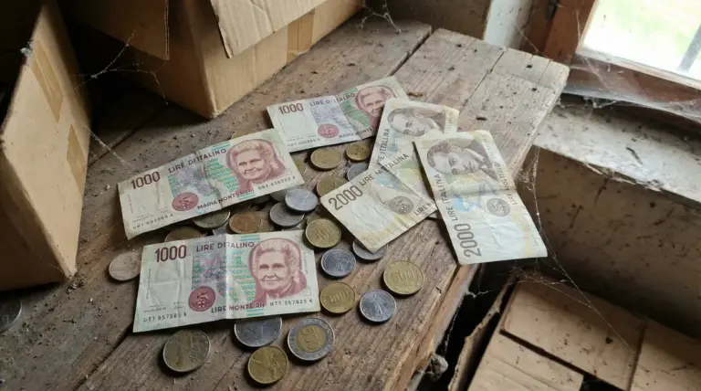 Vecchie banconote e monete in lire italiane su un tavolo polveroso accanto a scatole di cartone