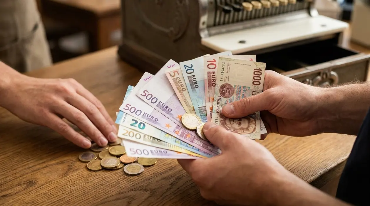 Mani con banconote e monete al bancone di un negozio durante un pagamento in contanti