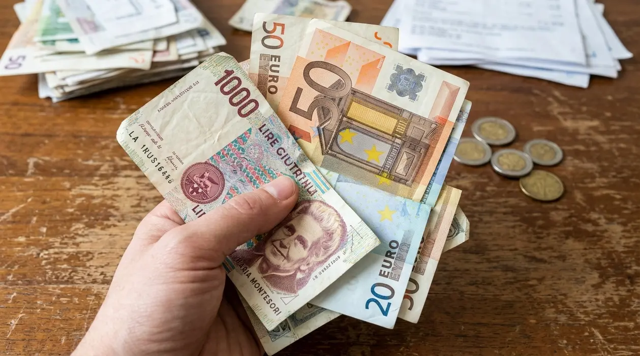 Mano che tiene una vecchia banconota da 1000 lire insieme a banconote in euro su un tavolo
