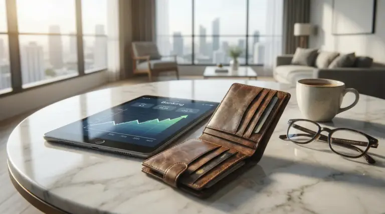 Portafoglio in pelle, tablet con grafico finanziario, occhiali e tazza su tavolo in un salotto moderno