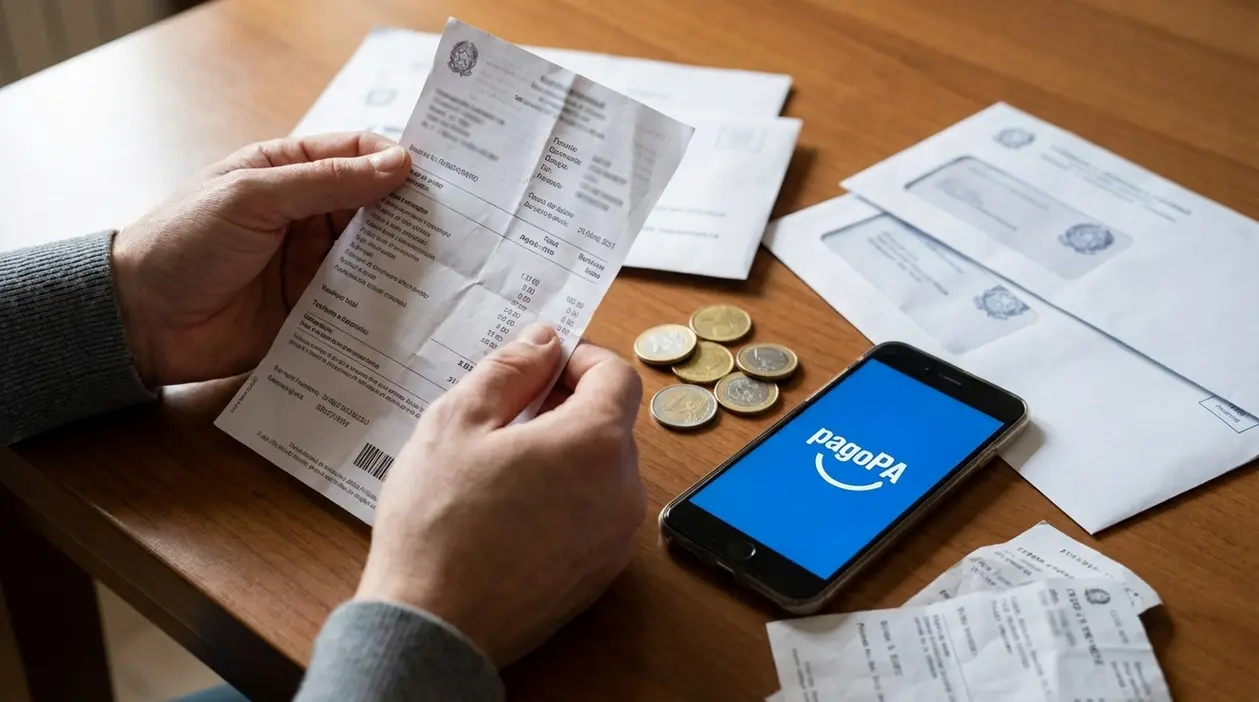 Persona controlla una bolletta sospetta al tavolo con lettere, monete e smartphone per pagamento digitale