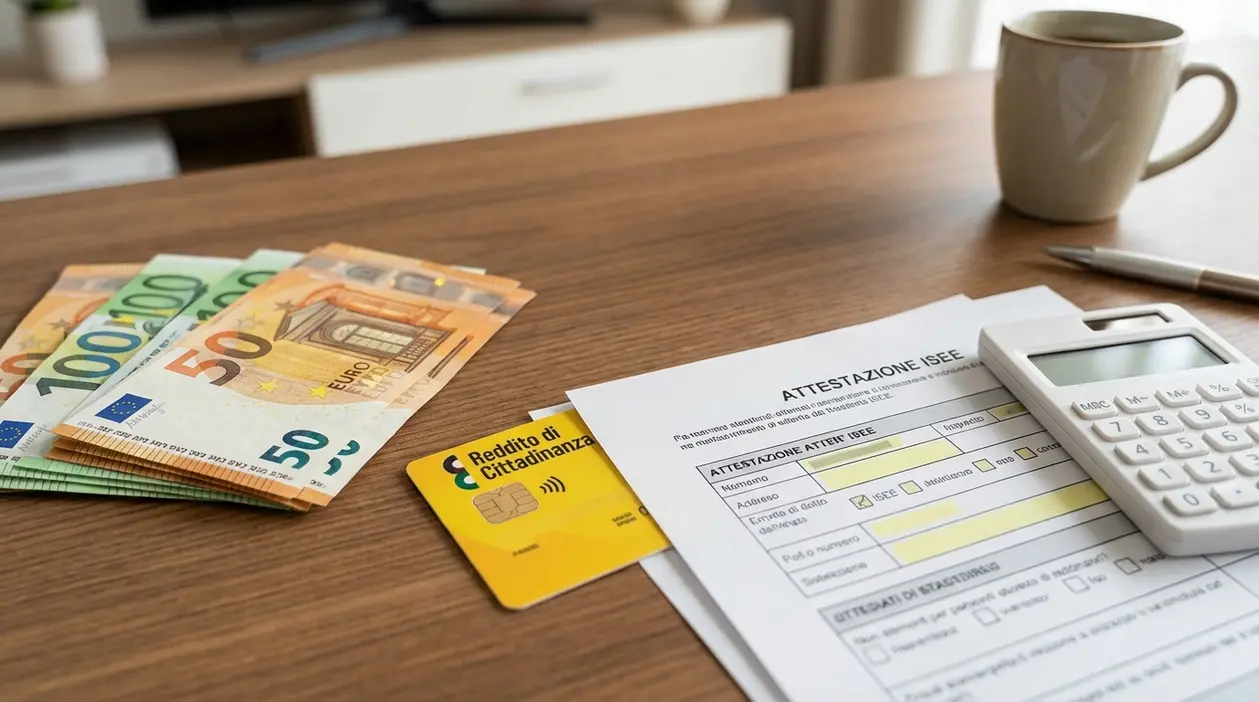Banconote in euro, calcolatrice e documenti ISEE su un tavolo, simbolo di bonus da 600 euro e limiti di reddito