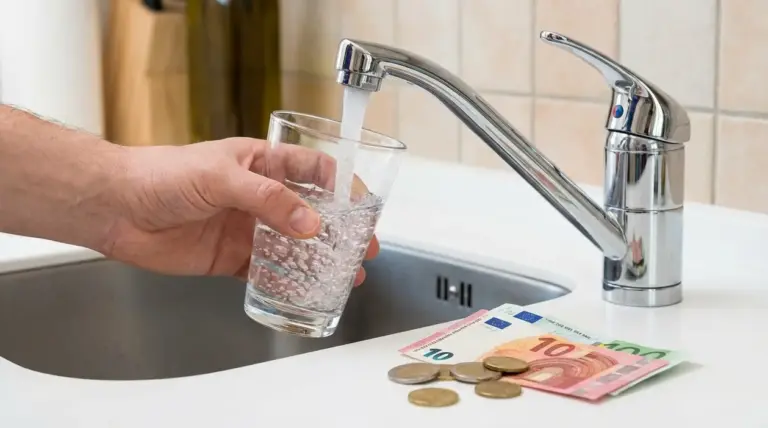 Mano che riempie un bicchiere d’acqua dal rubinetto in cucina, con banconote e monete in euro sul piano