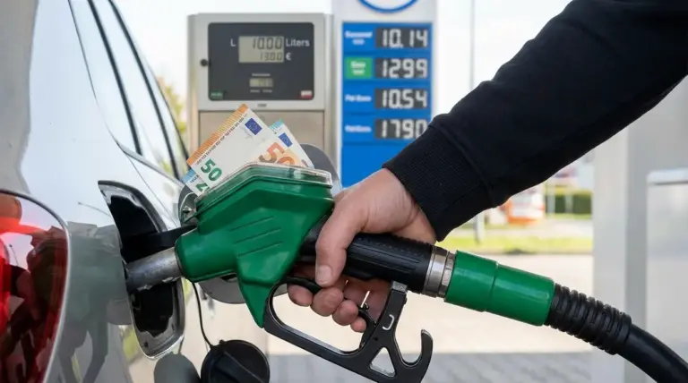 Rifornimento di carburante a un’auto con banconote inserite nella pistola della pompa benzina