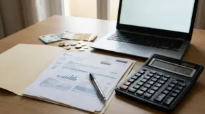 Bollette, calcolatrice e documenti su un tavolo con laptop e denaro, tema bonus bollette e soglia ISEE