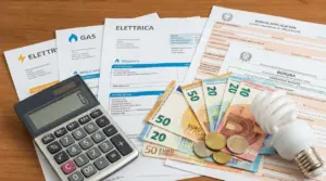 Calcolatrice, bollette di luce e gas, moduli di richiesta bonus e banconote euro su un tavolo