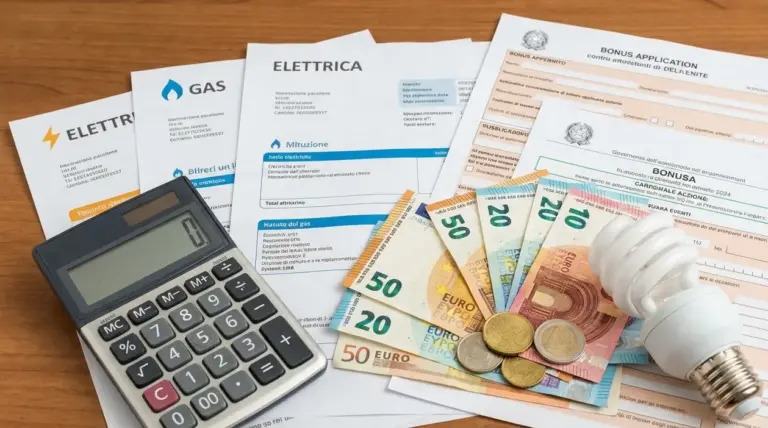 Calcolatrice, bollette di luce e gas, moduli di richiesta bonus e banconote euro su un tavolo