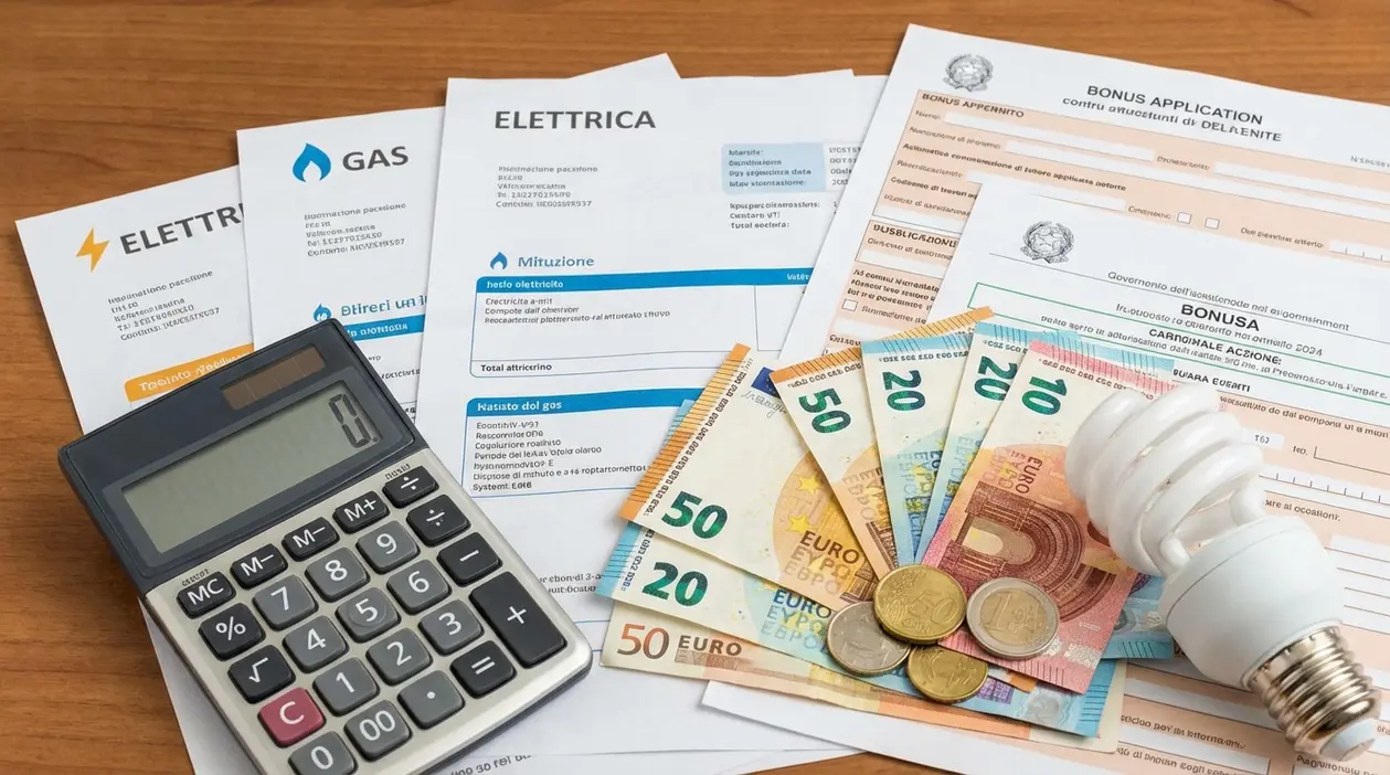 Calcolatrice, bollette di luce e gas, moduli di richiesta bonus e banconote euro su un tavolo