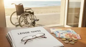 Carrozzina vicino a una finestra con documenti della Legge 104 e denaro su un tavolo