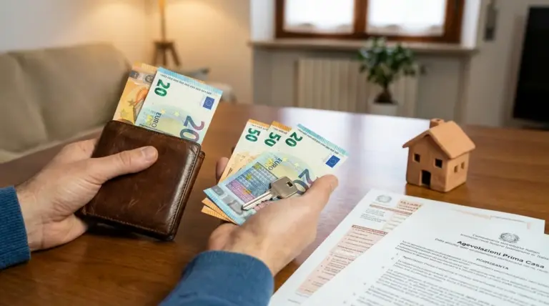 Persona con portafoglio, banconote euro e chiave di casa accanto a documenti per agevolazioni prima casa