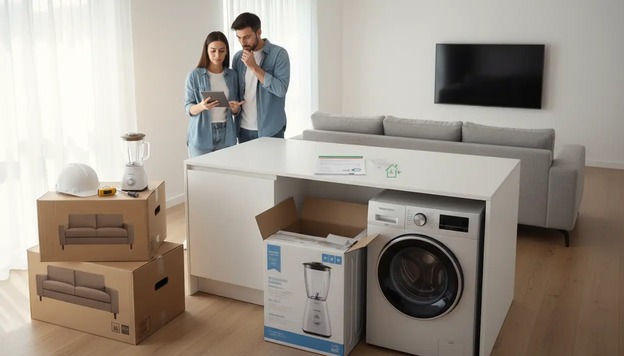 Coppia in soggiorno con scatoloni, lavatrice e piccoli elettrodomestici mentre consulta documenti per il bonus mobili