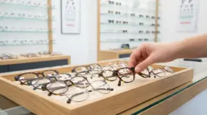 Mano che sceglie una montatura di occhiali da un vassoio in un negozio di ottica