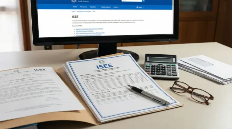 Documenti ISEE su una scrivania con calcolatrice, occhiali, penna e monitor acceso