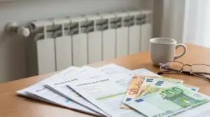 Bollette di gas ed energia elettrica con banconote in euro su un tavolo, con termosifone sullo sfondo