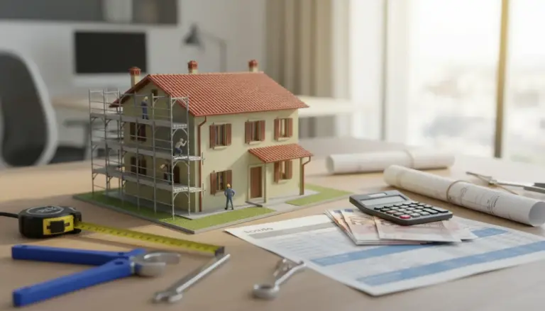 Modellino di casa con impalcature su scrivania, accanto a documenti, calcolatrice e banconote per bonus ristrutturazione