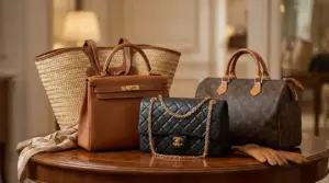 Borse di lusso vintage su un tavolo: shopper in paglia, borsa in pelle, tracolla trapuntata e borsone monogrammato