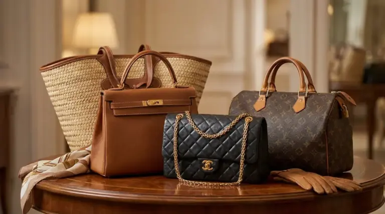 Borse di lusso vintage su un tavolo: shopper in paglia, borsa in pelle, tracolla trapuntata e borsone monogrammato