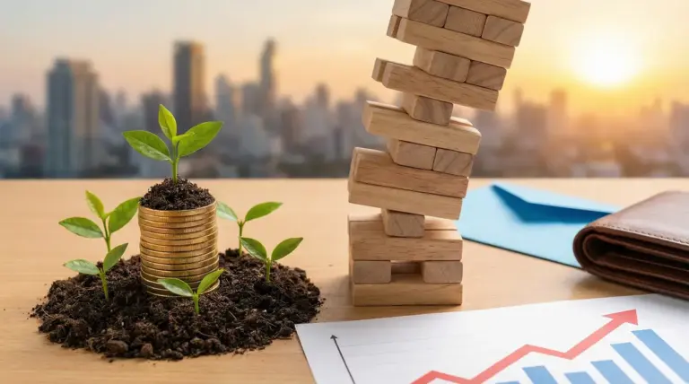 Piantine che crescono da monete e torre di blocchi instabile su scrivania, simbolo di rendimenti alti e rischi