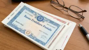 Buoni fruttiferi postali su una scrivania con penna e occhiali