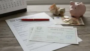 Buoni fruttiferi postali su documenti ISEE con penna, banconote e monete vicino a un salvadanaio