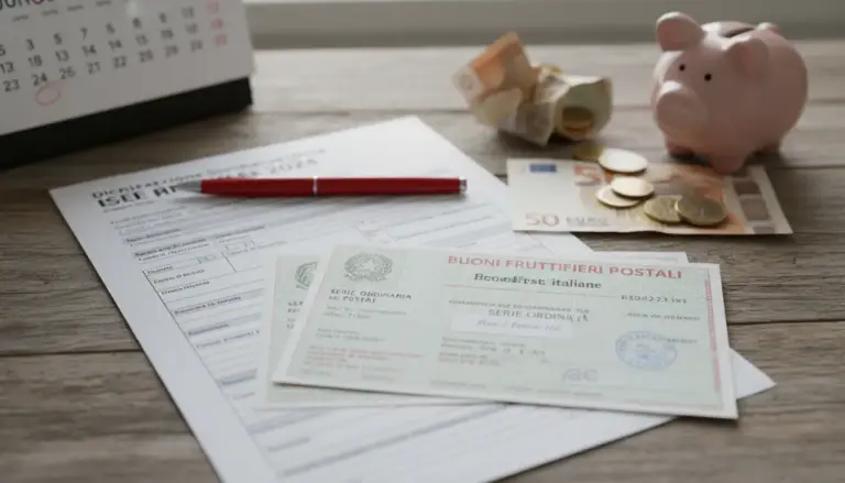 Buoni fruttiferi postali su documenti ISEE con penna, banconote e monete vicino a un salvadanaio