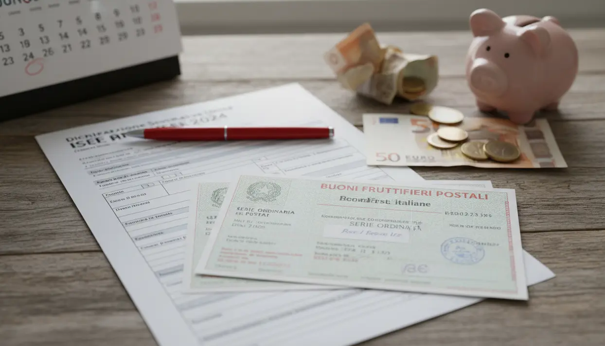 Buoni fruttiferi postali su documenti ISEE con penna, banconote e monete vicino a un salvadanaio